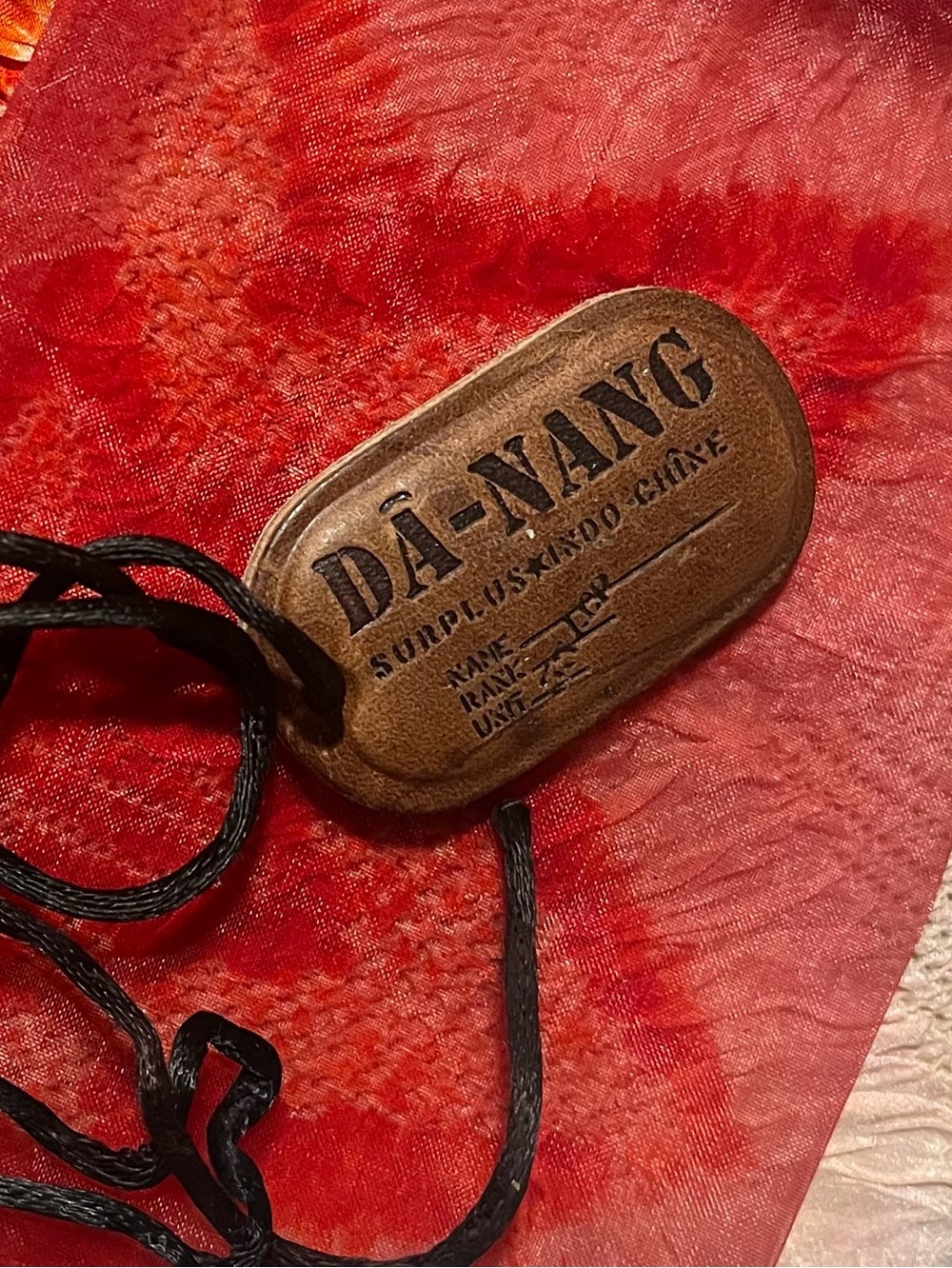 VINTAGE  DA-NANG Surplus Embossed Leather DOG TAG Necklace on Black Silk Cord